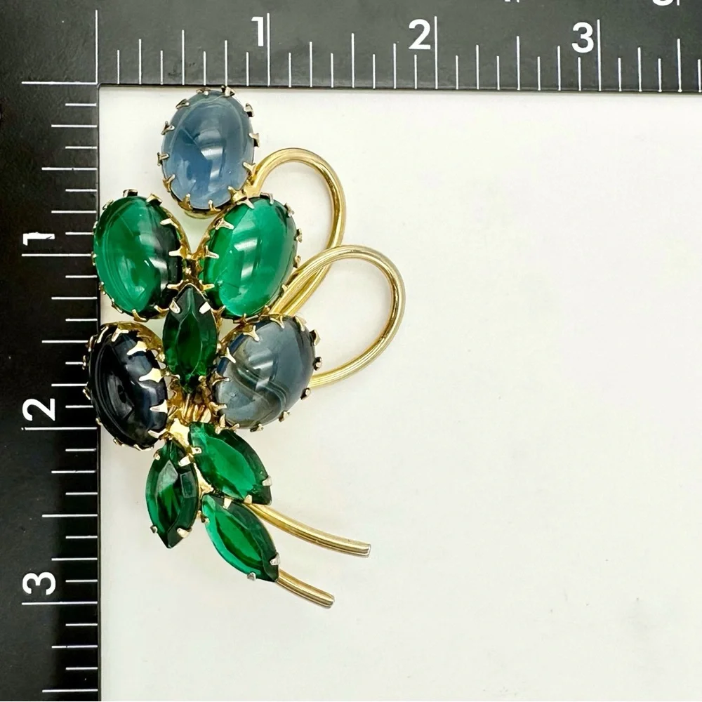 Vintage Weiss Blue and Green Cabochon Bouquet Brooch Signed